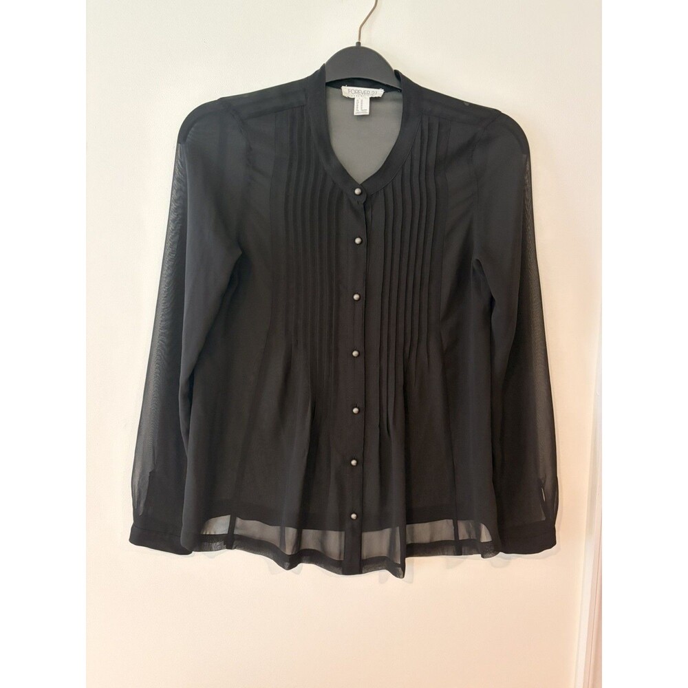 NEW Forever 21 Blouse Women Medium Black fall Fling Button Shirt Pleated